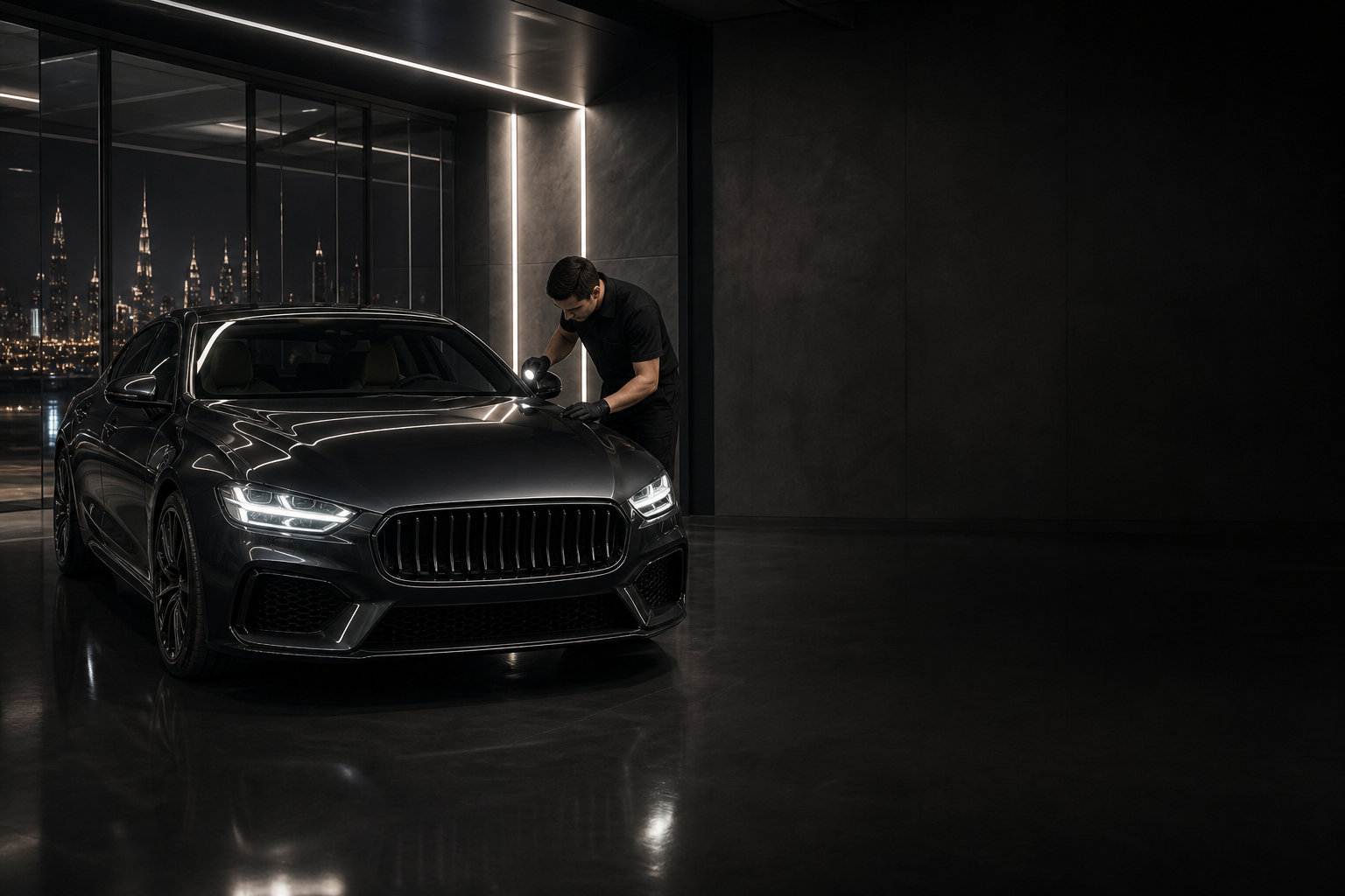 فاحص مستقل يراجع سيارة فاخرة داخل مركز فحص